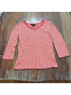 Weekend Max Mara Coral & Tan Striped 3/4 Sleeve Knit Top Lightweight - Size L
